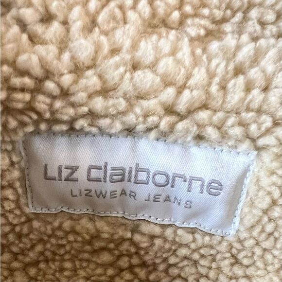 Vintage Liz Claiborne Jeans Denim Vest Sherpa Dark Blue Cream Cottton Size L - Picture 8 of 8